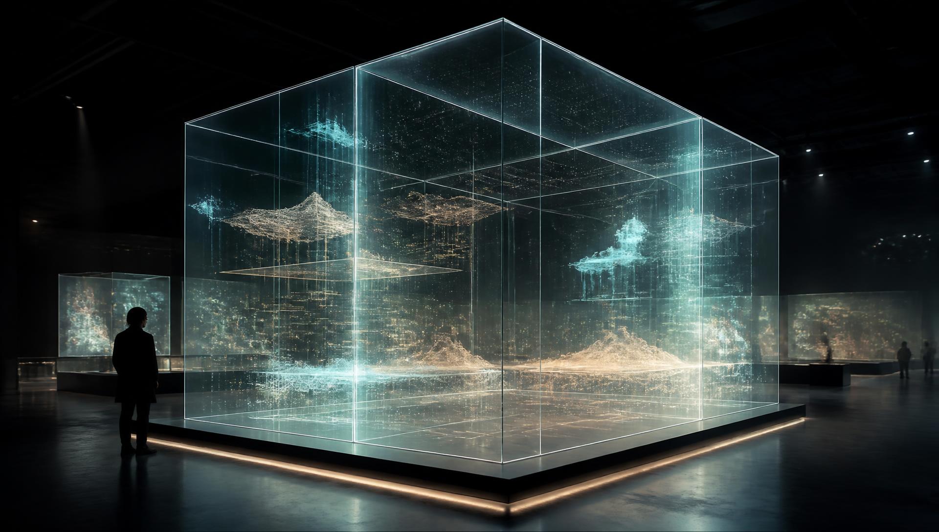 Transparent hologram installation glowing inside a dark exhibition hall