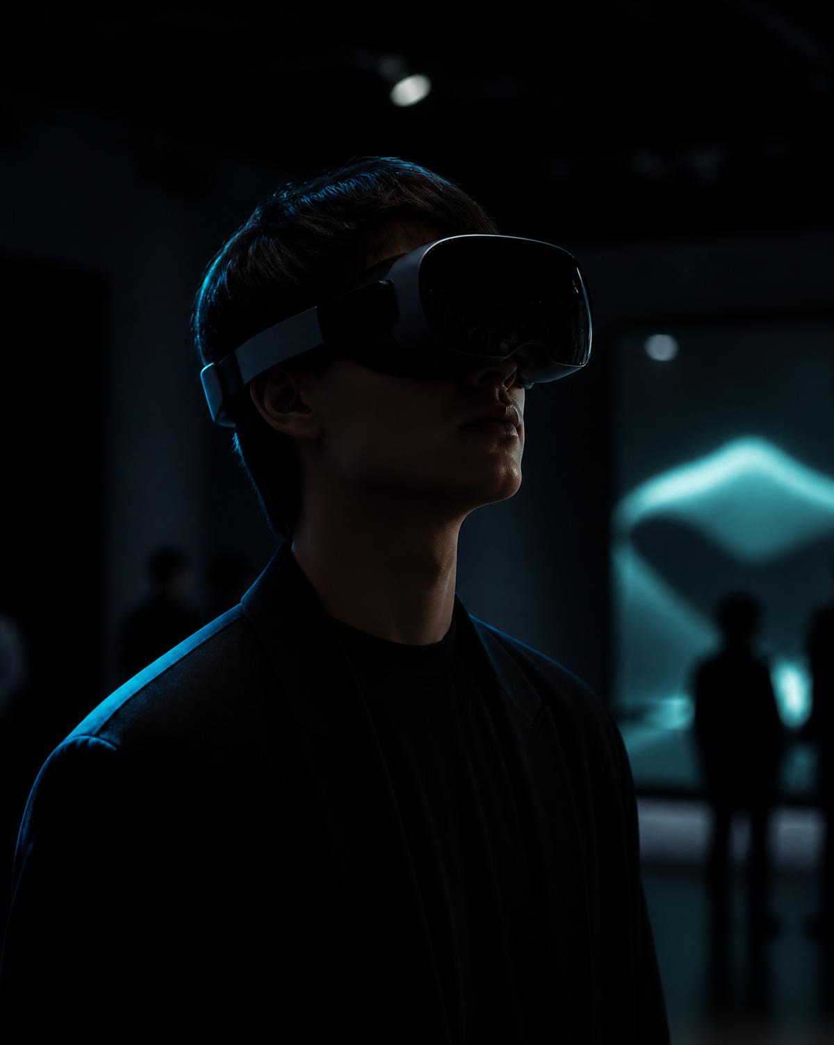 Visitor wearing a VR headset in a dim exhibition space
