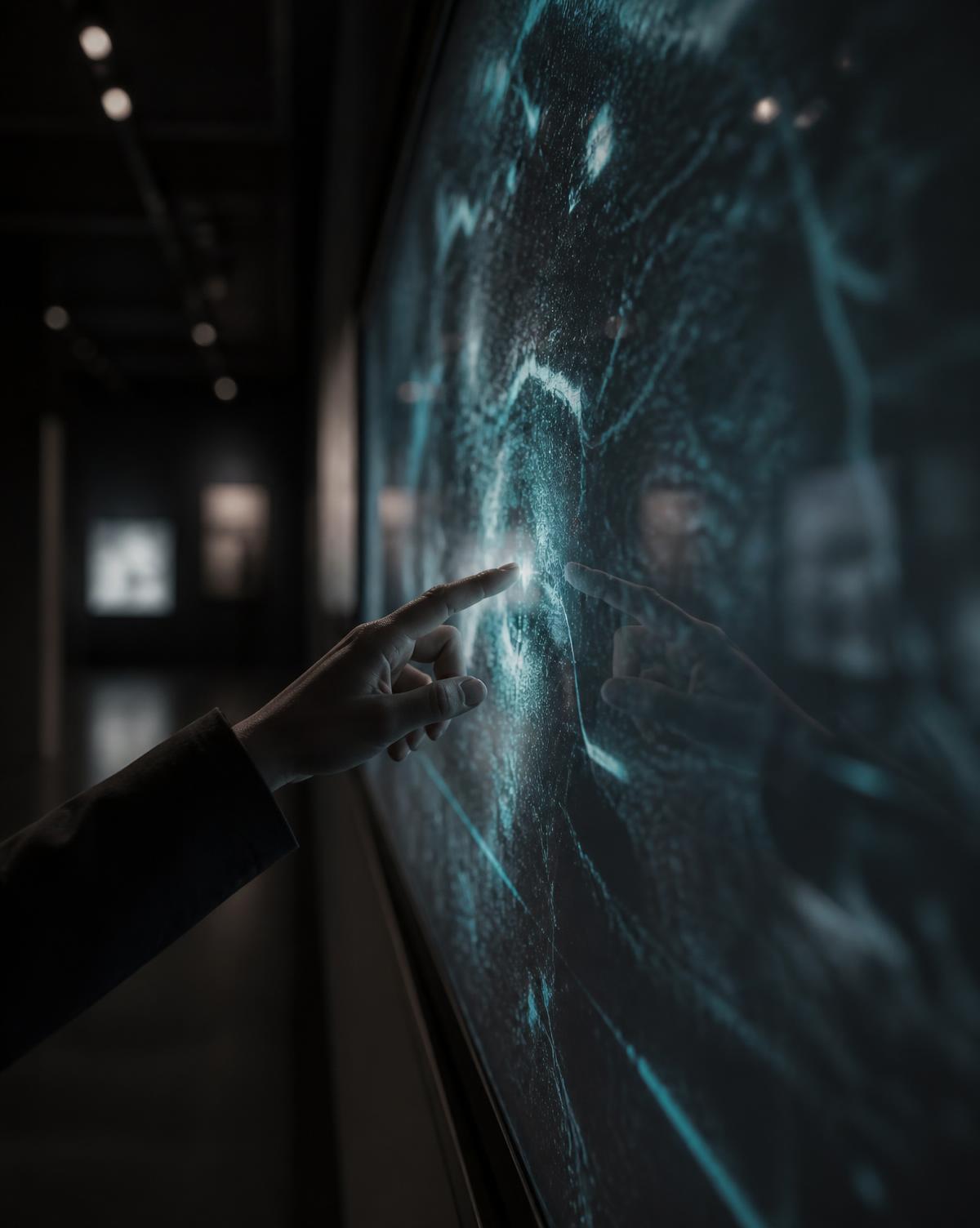 Hand touching a large interactive glass display wall
