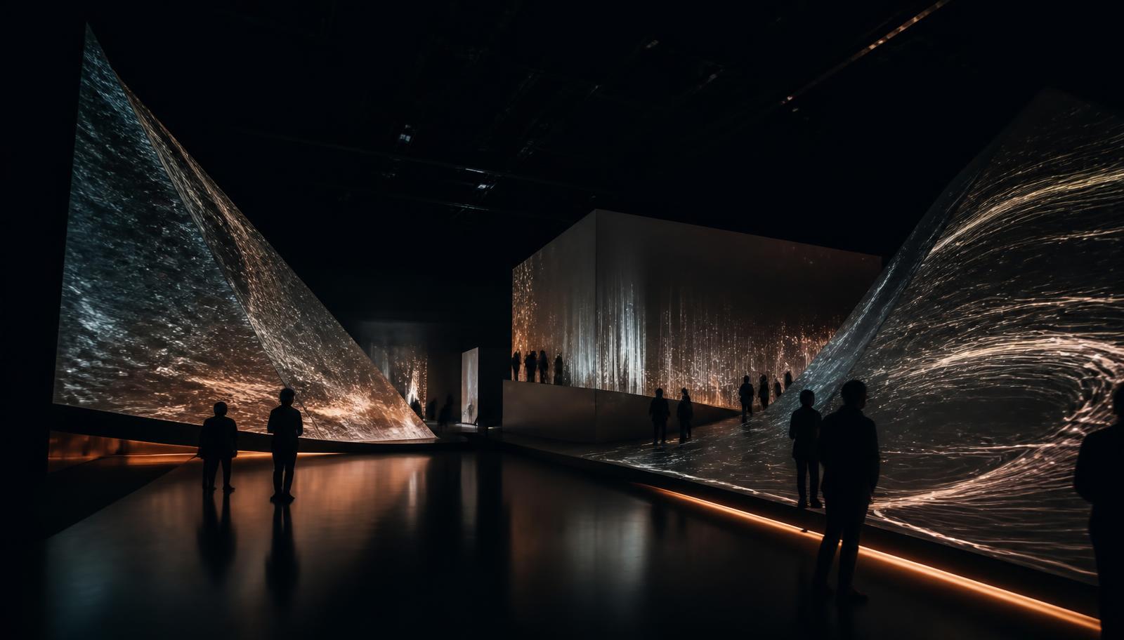 Visitors silhouetted against large projection-mapped museum installations